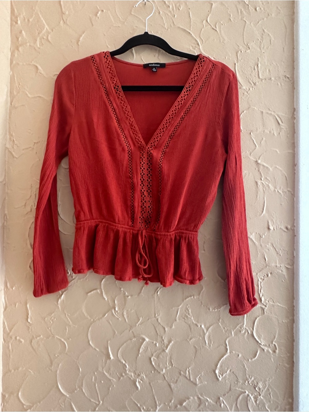 Ambiance Women's burn orange Lace-Trim Drawstring Peplum Blouse